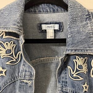 Forever 21 Light Blue Denim Jacket with White Embroidery